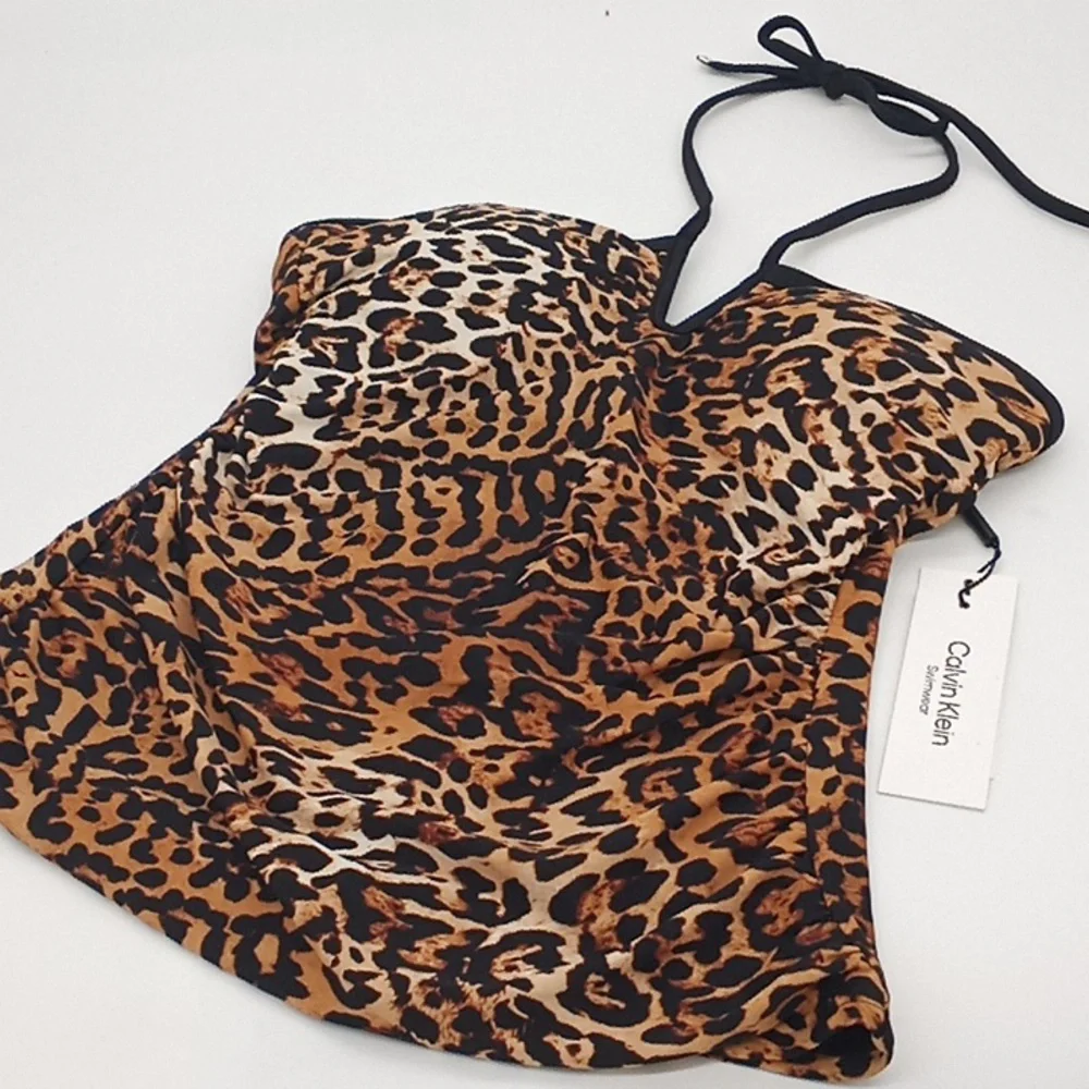 Calvin Klein Animal Print V-Wire‎ Bandeau Halter Tankini Swim Top Jaguar M